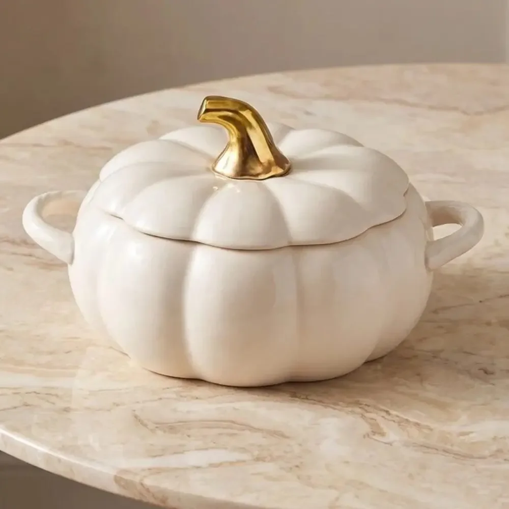 Pfaltzgraff White Pumpkin Casserole Dish Stoneware Cream Gold Stem NEW in Box
